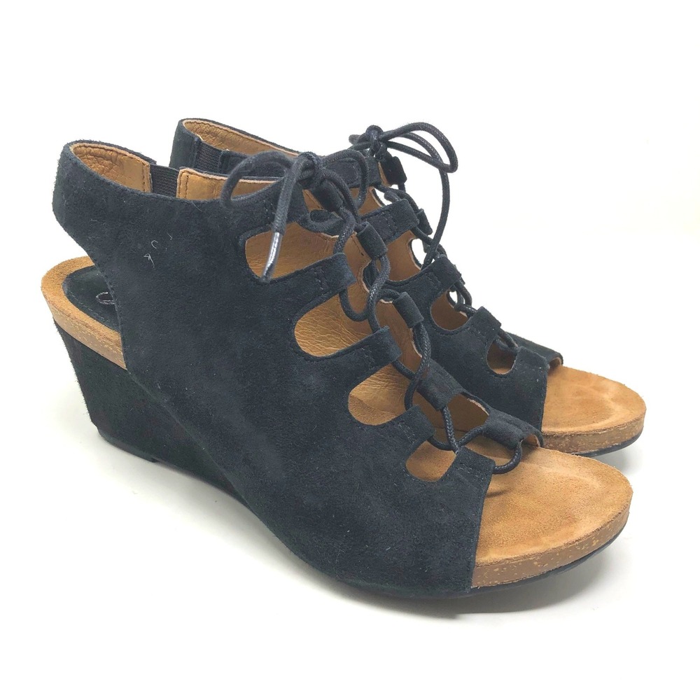 Sofft Wedge Sandals Womens 7.5 M Black Suede Lace Up Gladiator Open Toe 1293821